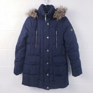 Michael Kors Black Long Puffer Coat Fur Trim‎ Hood Womens Size Small
